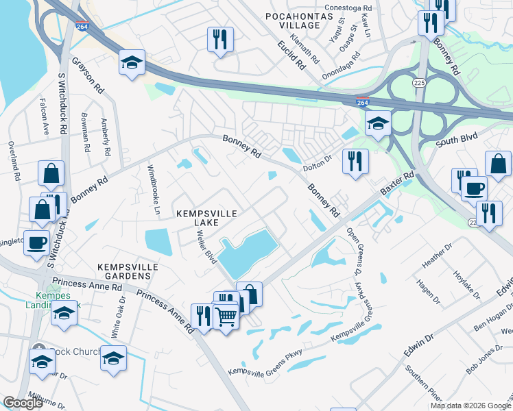 map of restaurants, bars, coffee shops, grocery stores, and more near 4624 Marlwood Way in Virginia Beach