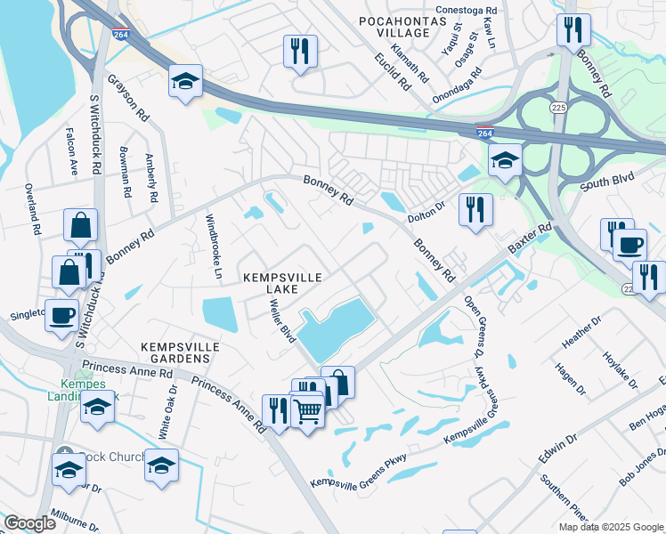 map of restaurants, bars, coffee shops, grocery stores, and more near 4724 Woods Edge Road in Virginia Beach