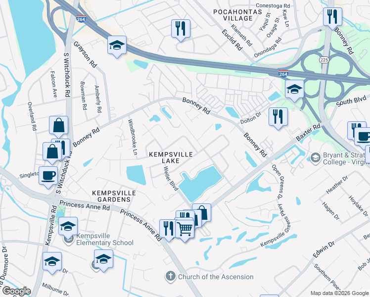 map of restaurants, bars, coffee shops, grocery stores, and more near 4724 Woods Edge Road in Virginia Beach