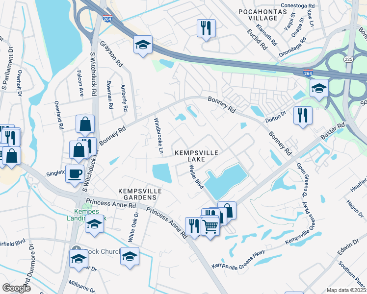map of restaurants, bars, coffee shops, grocery stores, and more near 277 Weller Boulevard in Virginia Beach