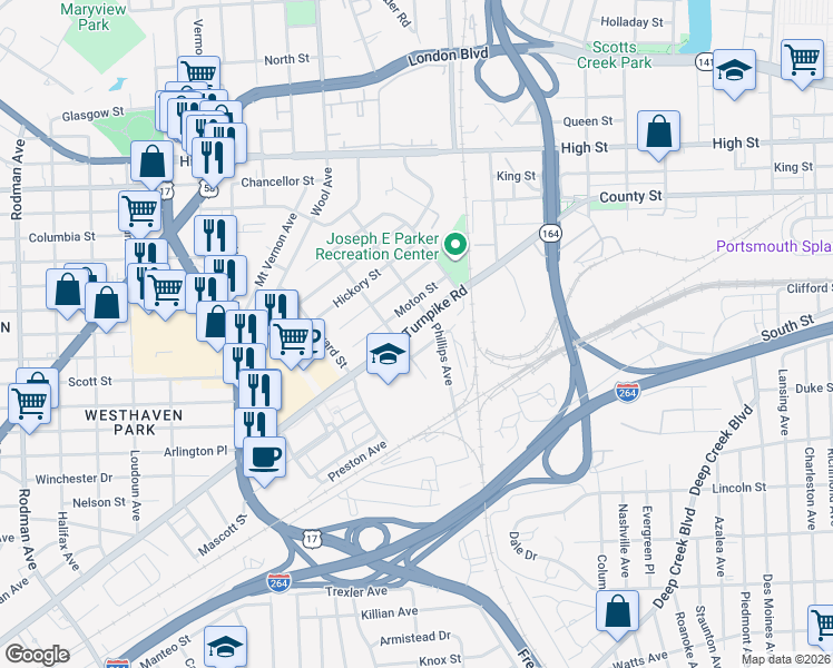 map of restaurants, bars, coffee shops, grocery stores, and more near 105 Phillips Avenue in Portsmouth