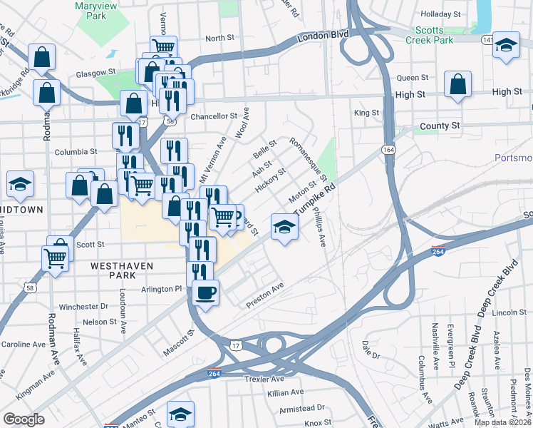 map of restaurants, bars, coffee shops, grocery stores, and more near 2724 Markham Street in Portsmouth