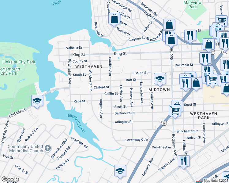 map of restaurants, bars, coffee shops, grocery stores, and more near 4214 Griffin Street in Portsmouth