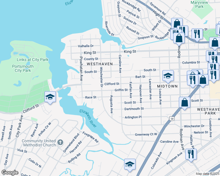 map of restaurants, bars, coffee shops, grocery stores, and more near 4320 Clifford Street in Portsmouth