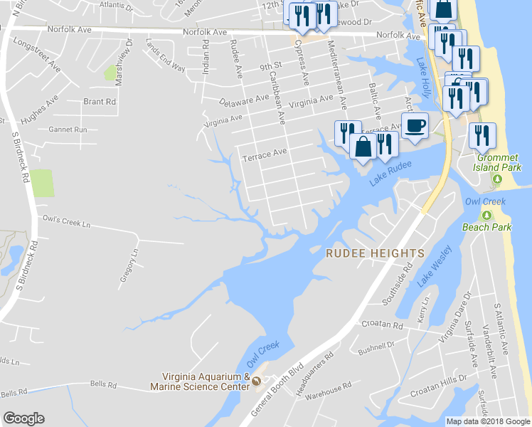 map of restaurants, bars, coffee shops, grocery stores, and more near 28 Rudee Avenue in Virginia Beach