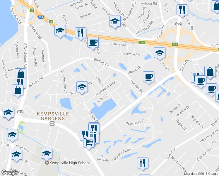 map of restaurants, bars, coffee shops, grocery stores, and more near 4629 Marlwood Way in Virginia Beach