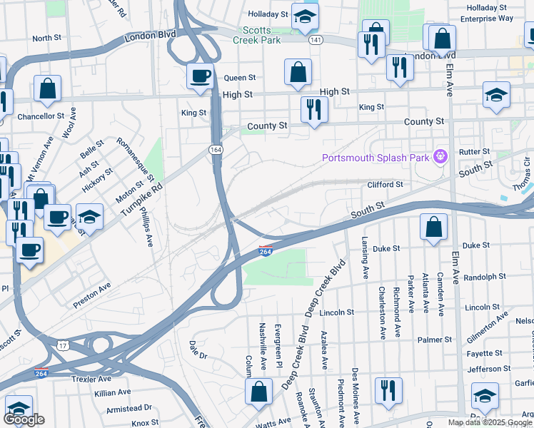 map of restaurants, bars, coffee shops, grocery stores, and more near South Street in Portsmouth