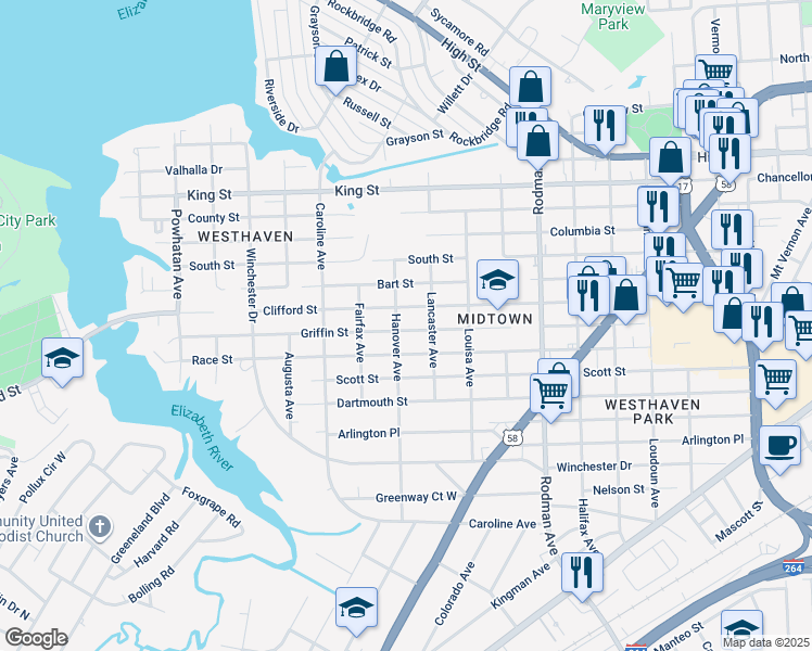 map of restaurants, bars, coffee shops, grocery stores, and more near 4020 Griffin Street in Portsmouth