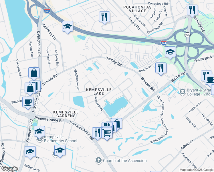 map of restaurants, bars, coffee shops, grocery stores, and more near 4724 Woods Edge Road in Virginia Beach