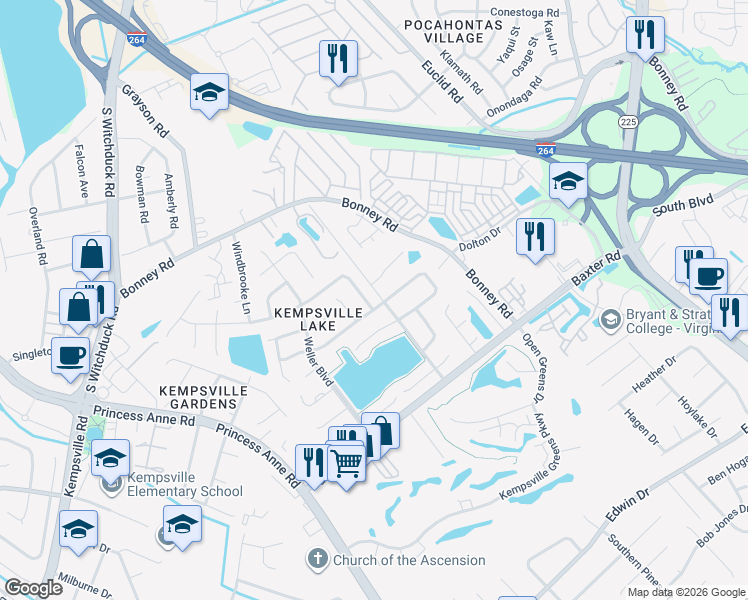 map of restaurants, bars, coffee shops, grocery stores, and more near 4724 Woods Edge Road in Virginia Beach