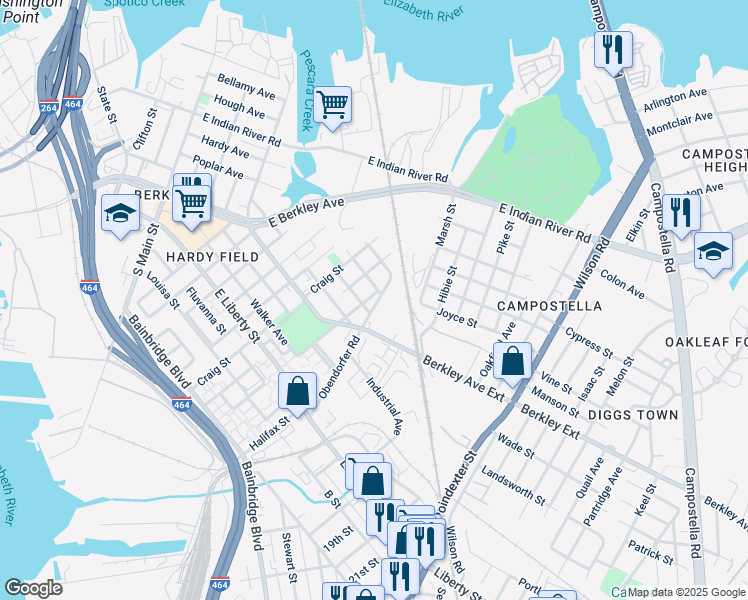 map of restaurants, bars, coffee shops, grocery stores, and more near 422 Appomattox Street in Norfolk
