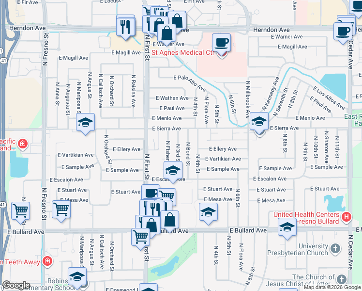 map of restaurants, bars, coffee shops, grocery stores, and more near 6351 North Bond Street in Fresno
