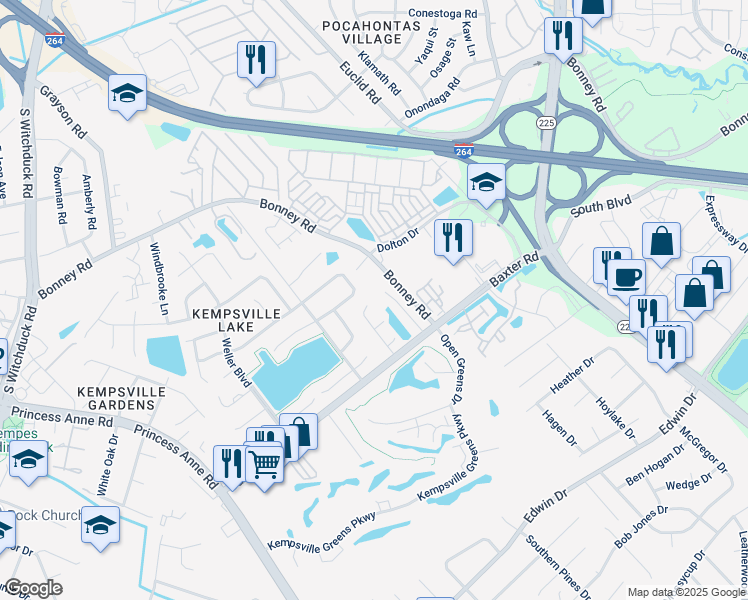 map of restaurants, bars, coffee shops, grocery stores, and more near 404 Greenview Drive in Virginia Beach
