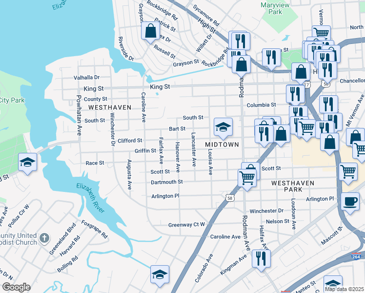 map of restaurants, bars, coffee shops, grocery stores, and more near 4020 Griffin Street in Portsmouth