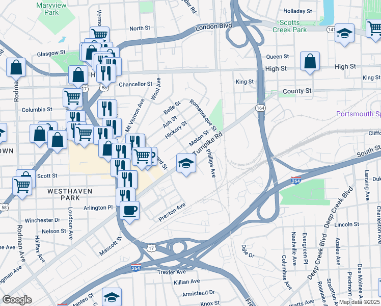 map of restaurants, bars, coffee shops, grocery stores, and more near 2628 Turnpike Road in Portsmouth
