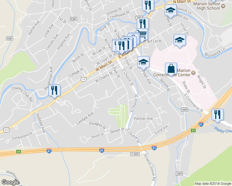 map of restaurants, bars, coffee shops, grocery stores, and more near 210 Miller Avenue in Marion