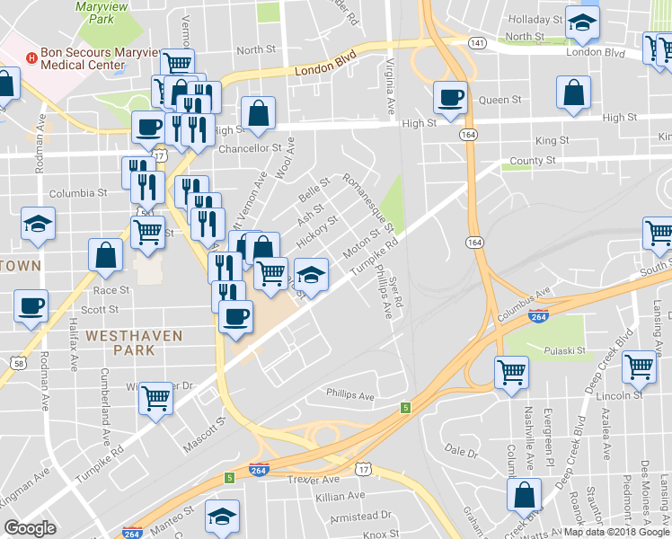 map of restaurants, bars, coffee shops, grocery stores, and more near 115 Gothic Street in Portsmouth