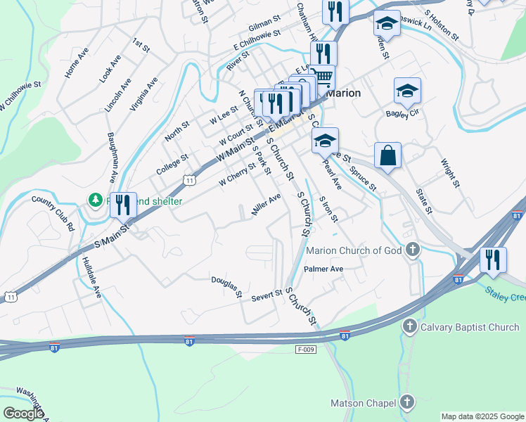 map of restaurants, bars, coffee shops, grocery stores, and more near 210 Miller Avenue in Marion