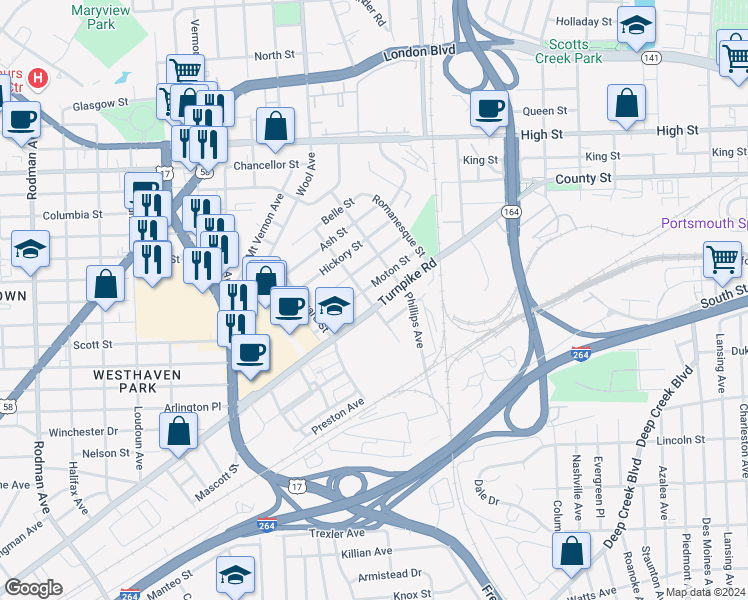 map of restaurants, bars, coffee shops, grocery stores, and more near 2628 Turnpike Road in Portsmouth
