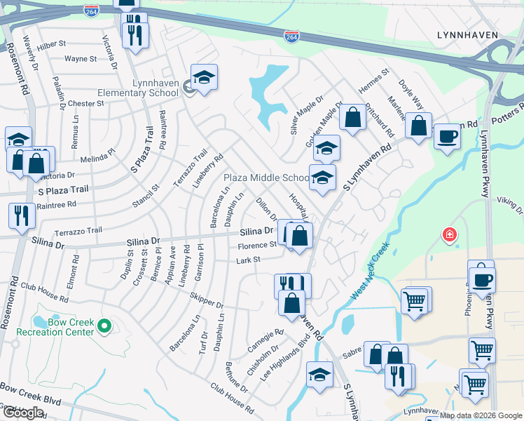 map of restaurants, bars, coffee shops, grocery stores, and more near 347 Dillon Drive in Virginia Beach
