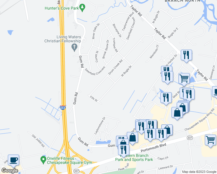 map of restaurants, bars, coffee shops, grocery stores, and more near 2534 West Bugle Drive in Chesapeake