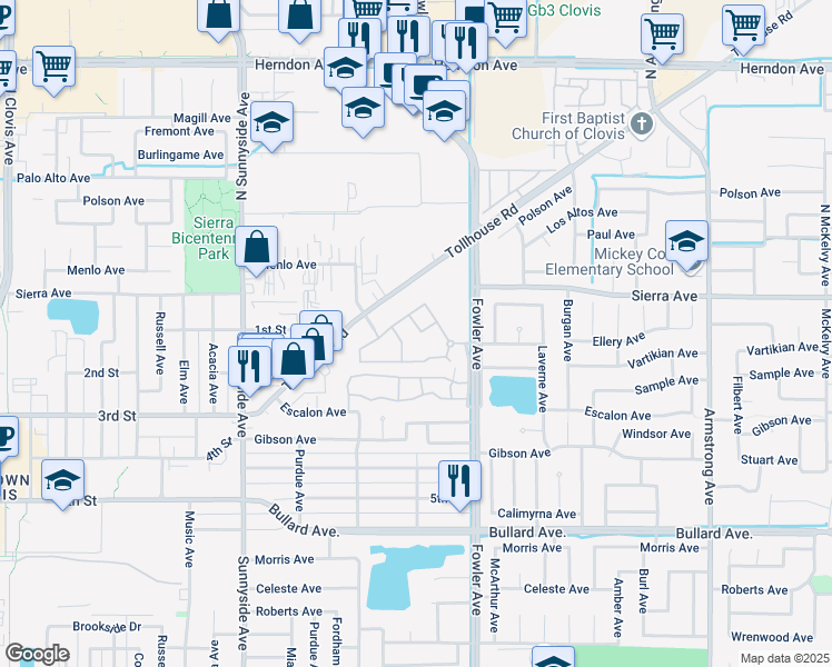 map of restaurants, bars, coffee shops, grocery stores, and more near 1600 Tollhouse Road in Clovis