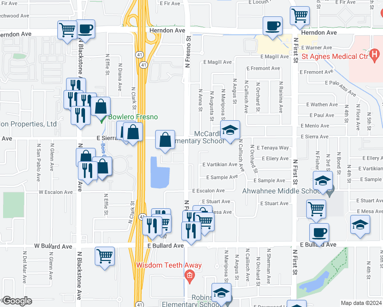 map of restaurants, bars, coffee shops, grocery stores, and more near 6356 North Fresno Street in Fresno