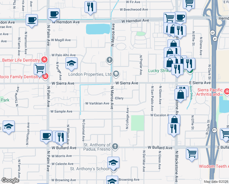 map of restaurants, bars, coffee shops, grocery stores, and more near 6338 North Maroa Avenue in Fresno