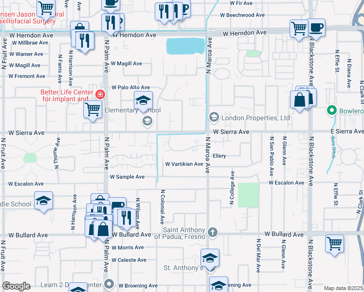 map of restaurants, bars, coffee shops, grocery stores, and more near 501 West Sierra Avenue in Fresno