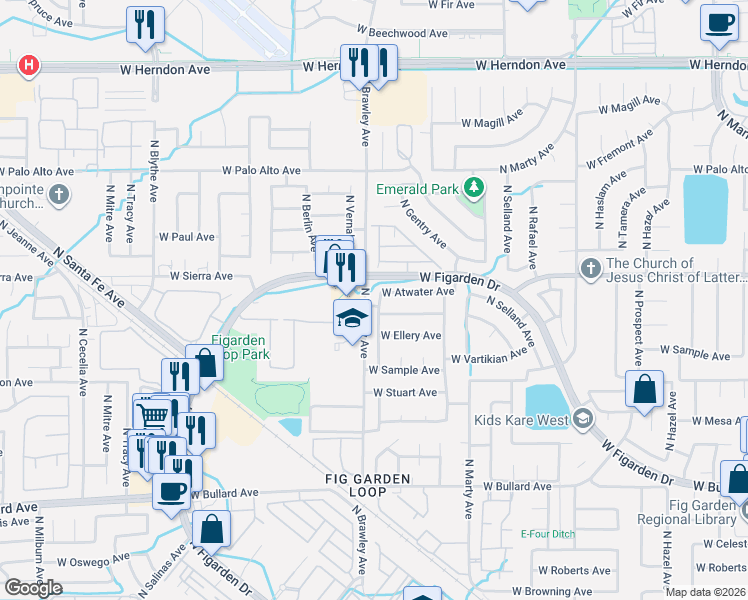 map of restaurants, bars, coffee shops, grocery stores, and more near 6371 North Gentry Avenue in Fresno