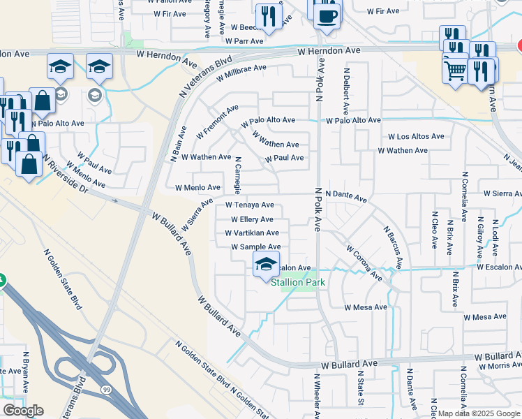 map of restaurants, bars, coffee shops, grocery stores, and more near 5698 West Tenaya Avenue in Fresno