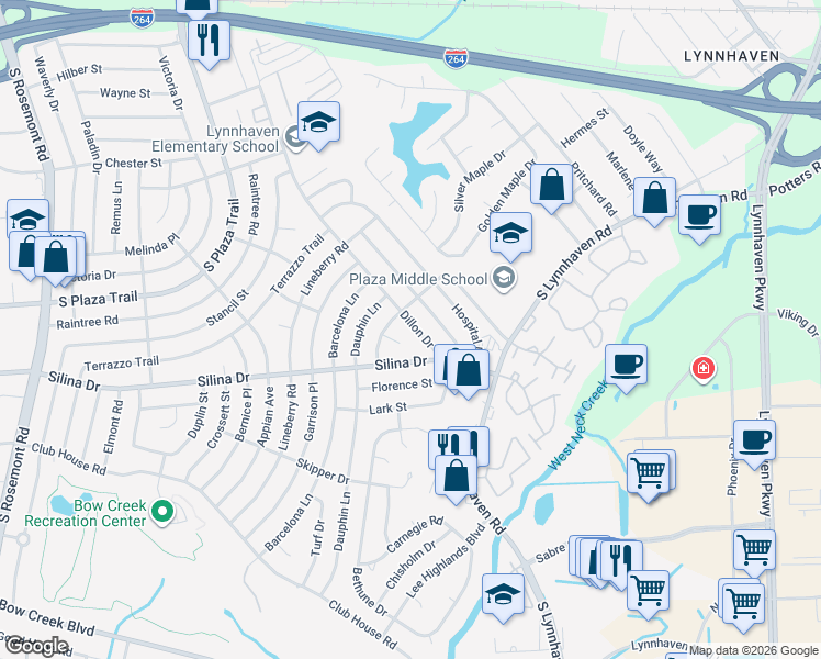 map of restaurants, bars, coffee shops, grocery stores, and more near 347 Dillon Drive in Virginia Beach