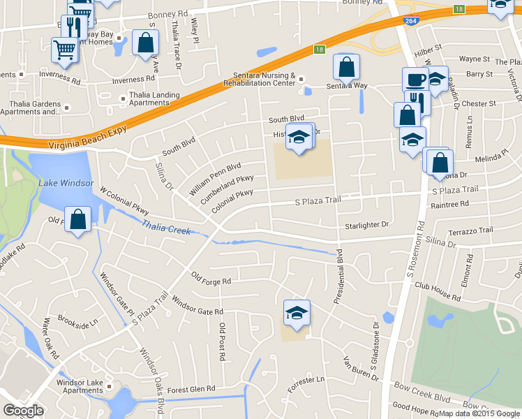 map of restaurants, bars, coffee shops, grocery stores, and more near 3804 South Plaza Trail in Virginia Beach