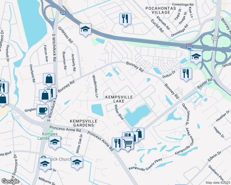 map of restaurants, bars, coffee shops, grocery stores, and more near 254 Weller Boulevard in Virginia Beach