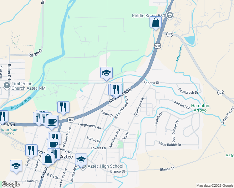 map of restaurants, bars, coffee shops, grocery stores, and more near 523 Northeast Aztec Boulevard in Aztec