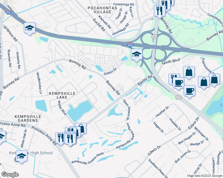 map of restaurants, bars, coffee shops, grocery stores, and more near 424 Troon Chase in Virginia Beach