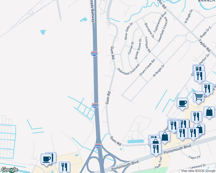 map of restaurants, bars, coffee shops, grocery stores, and more near 2544 Gum Road in Chesapeake