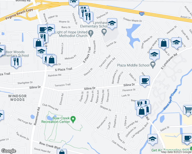 map of restaurants, bars, coffee shops, grocery stores, and more near 316 Appian Avenue in Virginia Beach