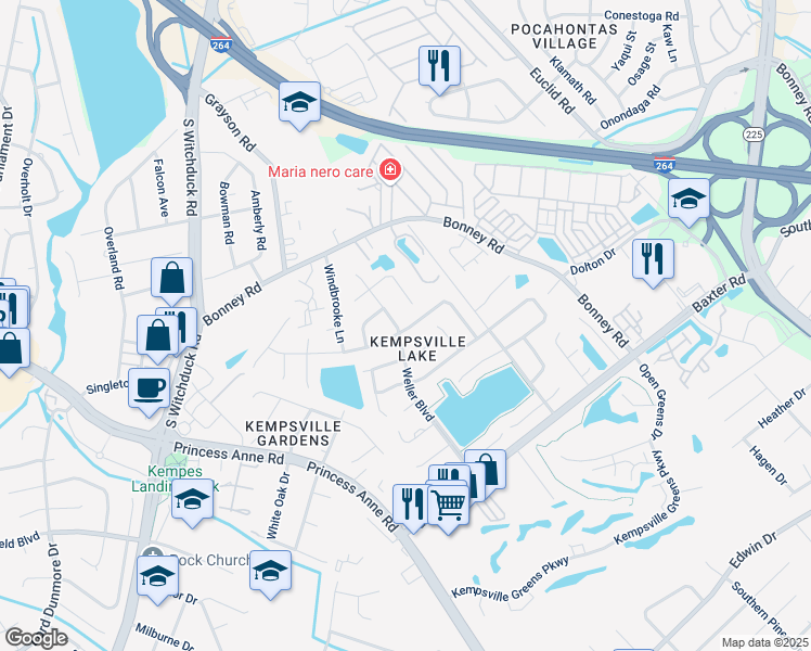 map of restaurants, bars, coffee shops, grocery stores, and more near 254 Weller Boulevard in Virginia Beach