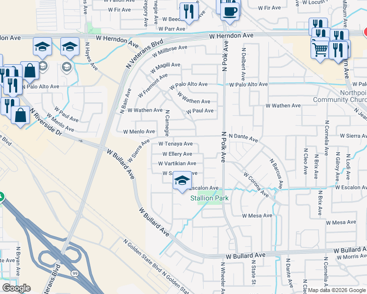 map of restaurants, bars, coffee shops, grocery stores, and more near 5698 West Tenaya Avenue in Fresno