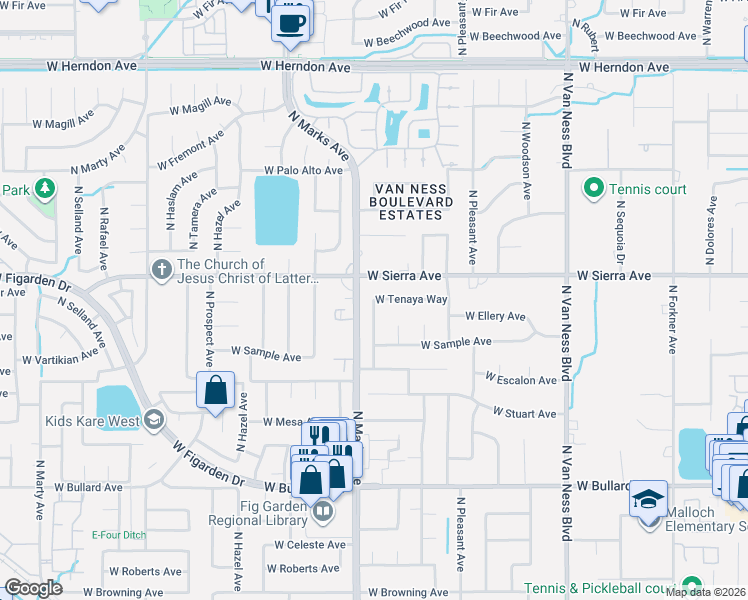 map of restaurants, bars, coffee shops, grocery stores, and more near 2772 West Tenaya Avenue in Fresno