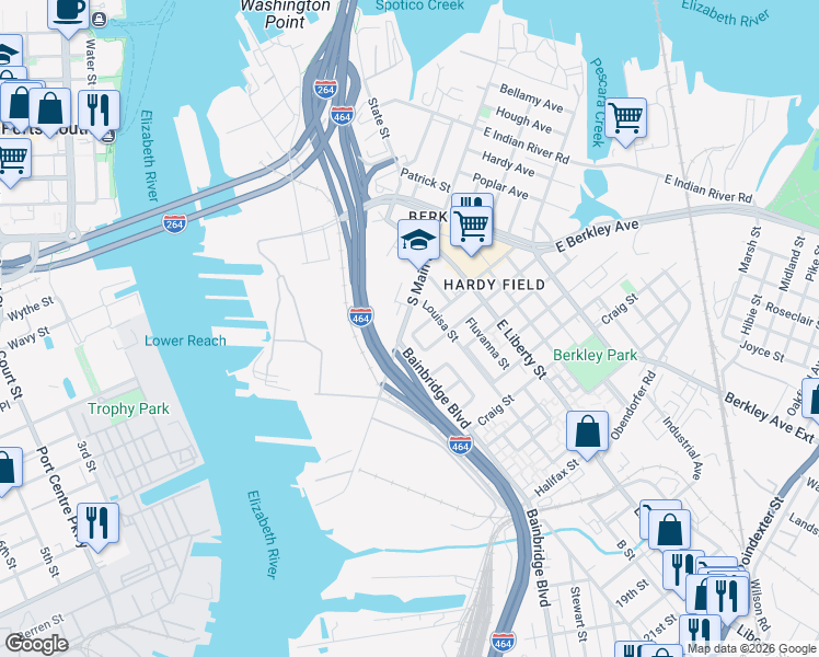 map of restaurants, bars, coffee shops, grocery stores, and more near 1009 Fauquier Street in Norfolk