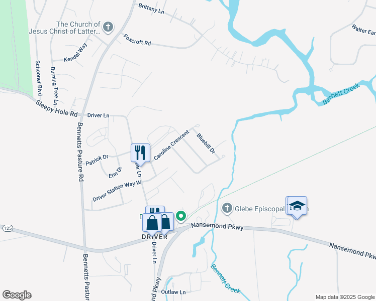 map of restaurants, bars, coffee shops, grocery stores, and more near 2107 Canvasback Drive in Suffolk