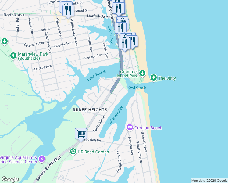 map of restaurants, bars, coffee shops, grocery stores, and more near 408 Harbour Point in Virginia Beach