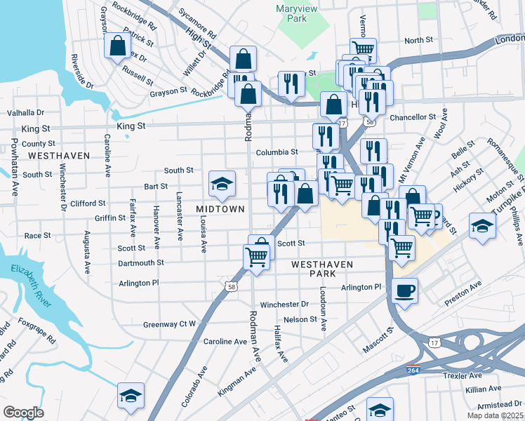 map of restaurants, bars, coffee shops, grocery stores, and more near 3610 Griffin Street in Portsmouth