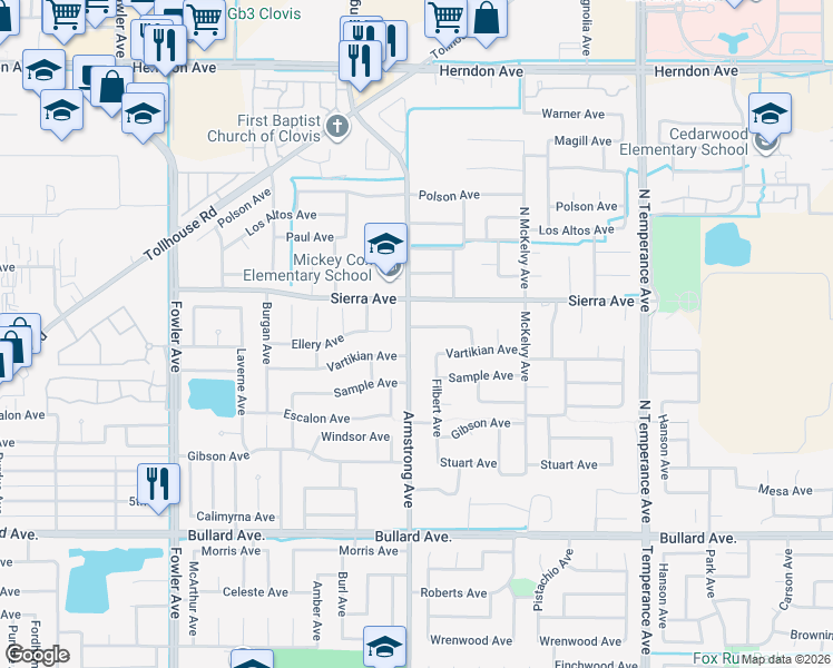 map of restaurants, bars, coffee shops, grocery stores, and more near 55 Armstrong Avenue in Clovis