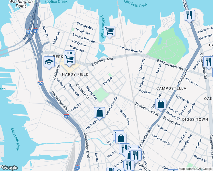 map of restaurants, bars, coffee shops, grocery stores, and more near 807 Whitehead Avenue in Norfolk