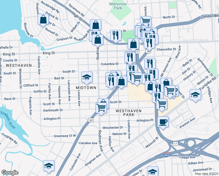map of restaurants, bars, coffee shops, grocery stores, and more near 3598 Griffin Street in Portsmouth