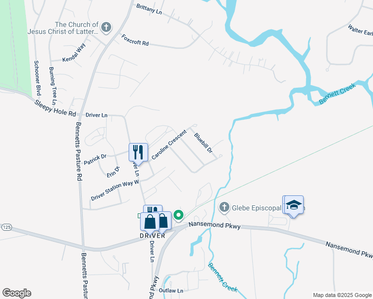 map of restaurants, bars, coffee shops, grocery stores, and more near 2107 Canvasback Drive in Suffolk
