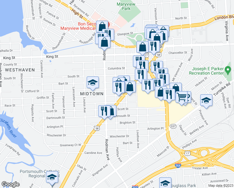 map of restaurants, bars, coffee shops, grocery stores, and more near 3598 Griffin Street in Portsmouth